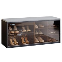 Shoe Storage Bench, 6 Storage Entryway Cabinet with Teal Glass Door, Adjustable Shelves, Deodorization & Negative-Ion Technology for Home, Entryway, Living Room (Black) - YJ-HXG-002