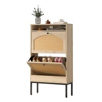 Shoe Cabinet, Rattan Storage Cabinet with 2 Flip Drawers, Charging Station for Home, Entryway, Hallway, Living Room (Natural) - 8001-8346