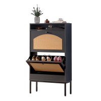 Shoe Cabinet, Rattan Storage Cabinet with 2 Flip Drawers, Charging Station for Home, Entryway, Hallway, Living Room (Black) - 8012-8335
