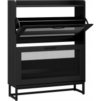 2-Tier Black Metal Mesh Shoe Cabinet, Modern Narrow Shoe Storage Organizer with Flip Drawers, Adjustable Shelves & Metal Handle, Waterproof Wooden Shoe Rack for Entryway, Hallway, Bedroom