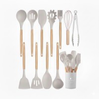12 PCS Silicone Utensils Set with Plastic Holder, Heat Resistant Silicone Kitchen Tools with Wooden Handles 