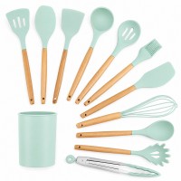 12 PCS Silicone Utensils Set with Plastic Holder, Heat Resistant Silicone Kitchen Tools with Wooden Handles 