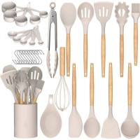 34 PCS Silicone Utensils Set with Plastic Holder, Heat Resistant Silicone Kitchen Tools with Wooden Handles