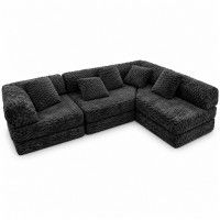 Modular Floor Sofa, Black Textured Sectional Couch, 5 Pillows
