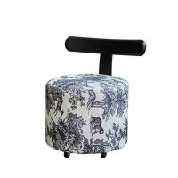 Modern Round Upholstered Vanity Stool with T-Shape Backrest, Vintage Animal Print Fabric, and 360° Swivel Caster Wheels – Black & White