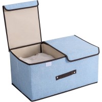 Foldable Linen Storage Box, 50 x 30 x 25 cm Double Lid Organizer Container for Home, Office, Clothes, Books, Toys (Blue) - HJ23053