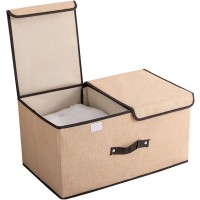 Foldable Linen Storage Box, 50 x 30 x 25 cm Double Lid Organizer Container for Home, Office, Clothes, Books, Toys (Beige) - HJ23055