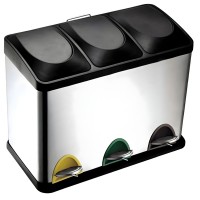 Triple Compartment Stainless Steel Recycling Bin with Foot Pedals – 45L (3 x 15L) Step-On Trash Can for Kitchen, Home, and Office Waste Separation