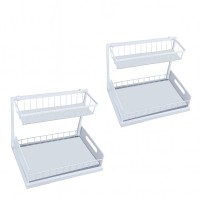 2 Pack 2-Tier Under Sink Organizer with Sliding Drawer L-Shaped Pull-Out Storage Shelf with Top Basket, Anti-Slip Base, Metal Frame Space-Saving Kitchen & Bathroom Organizer – White