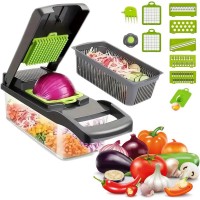 KITCHEN IDEAS 16PCS Vegetable Slicer, Multifunctional Manual Vegetable Fruit Chopper with 8 Interchangeable Blades, Drain Basket 