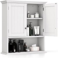 Wall Mounted Bathroom Cabinet with Double Doors and Open Shelf, Adjustable Shelves, Magnetic Door Catch, MDF Wood Storage Organizer for Bathroom, Kitchen, or Living Room – White, 23.5”W x 8”D x 28”H