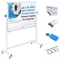 Office Technica  60” x 46” Double-Sided Magnetic Whiteboard on Wheels, 360° Rotating Dry Erase Board with Flip Chart Pad  Mobile Stand, Locking Casters, Calendar & Accessories  Office Classroom Home