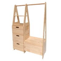 Wooden Montessori Wardrobe, Childrens Clothing Rack with Open Hanging Rail, 3 Drawers, Storage Bench